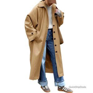 Women's Long Trench Coat Oversized Windproof Single Breasted Lapel Fall Overcoat